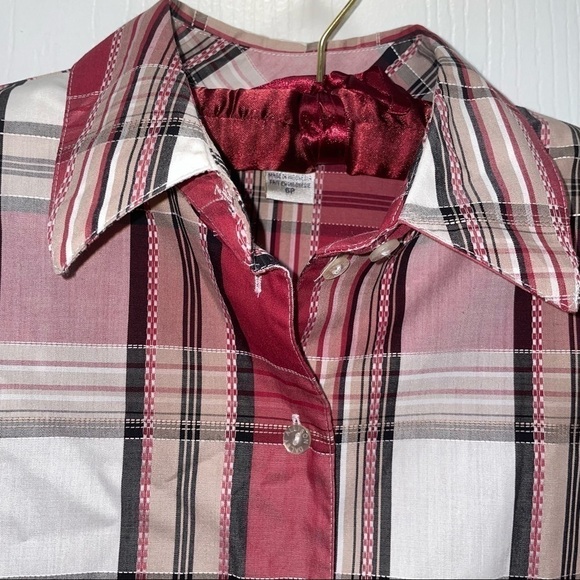 Allison Daley Petite Shirt Collar Button Up Plaid Stripe 3/4 Flip Split Cuff Top - Picture 10 of 12